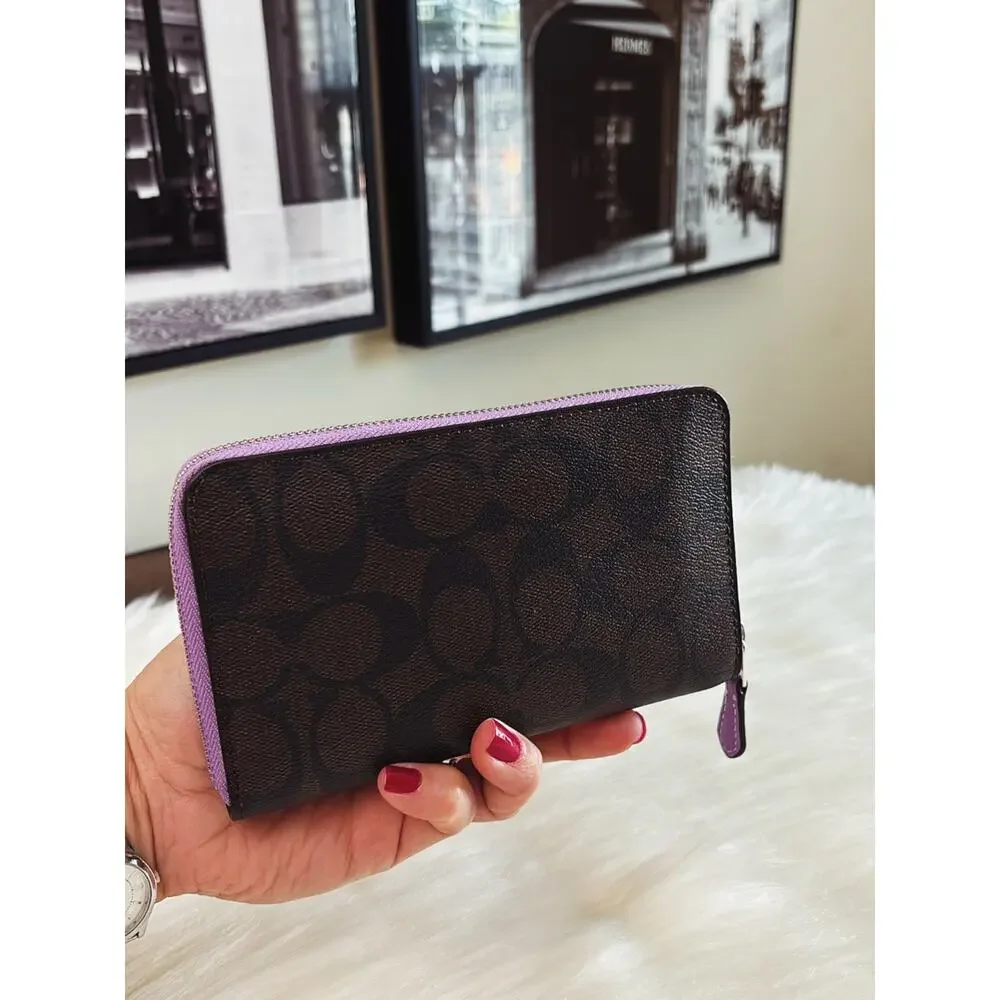 Coach Dark Brown Signature Zip Wallet with Lavender Trim
